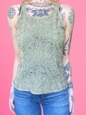 Boho embroidered green tank top